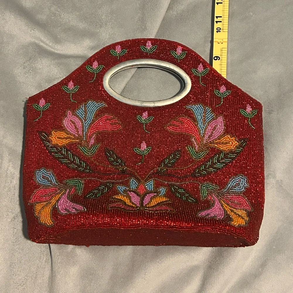 Vintage Red Floral Beaded Handbag Purse - Picture 13 of 13